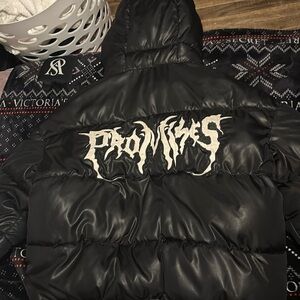 Hooded “broken promises” jacket in black